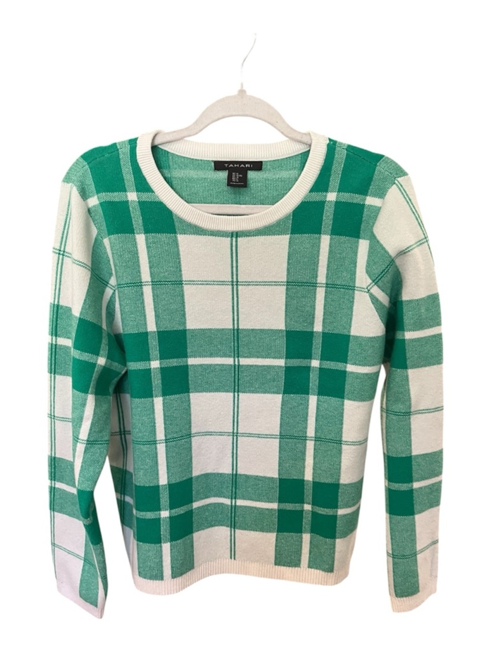 Tahari Green & Cream Plaid Crewneck Sweater